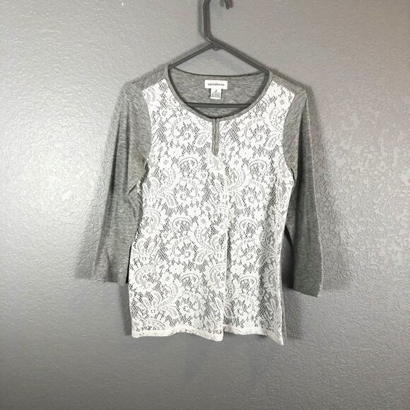 Liz Claiborne Tops - Liz Claiborne Size Small Gray Lace Front Cotton Blend Pull-Over